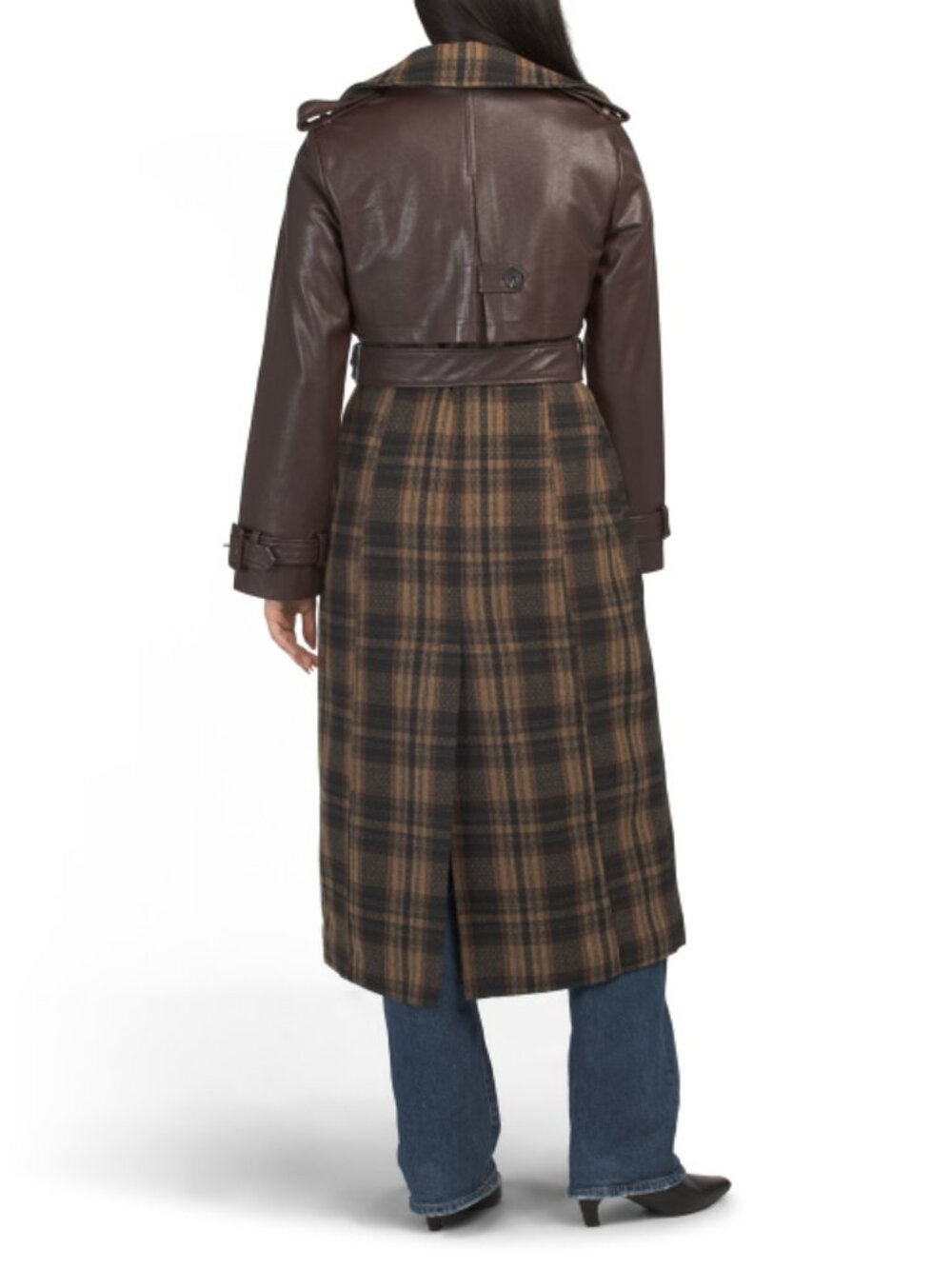 AVEC LES FILLES Brown Plaid Trench Coat with Leather Finish - Picture 2 of 2